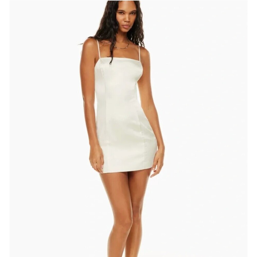 Aritzia Sunday Best Shimmer Satin Mini Dress in Light Birch Cream Size 0